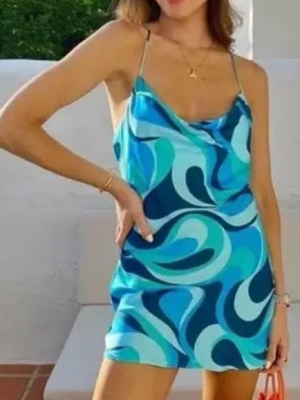 Zara Safia Teal & Blue Retro Satin Slip Mini Dress Sz XS